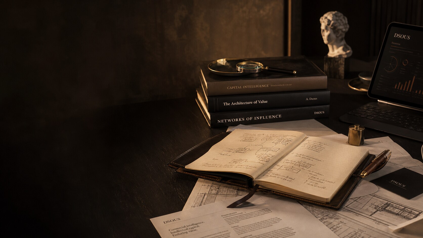 A quiet advisory worktable — leather notebook, hardcover books and considered notes — expertise being shaped into commercial authority.